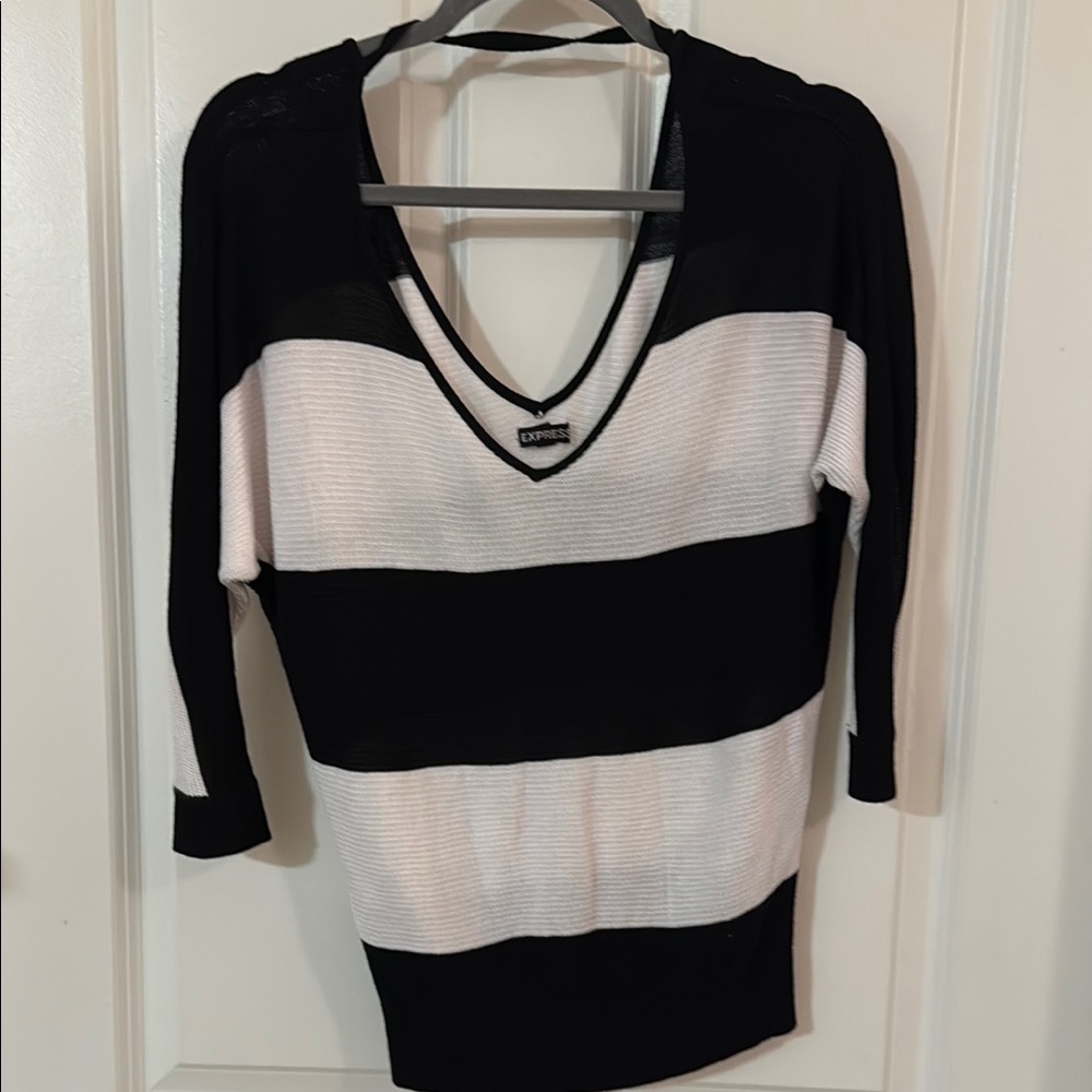 Express V-Neck Black and White Striped Sweater